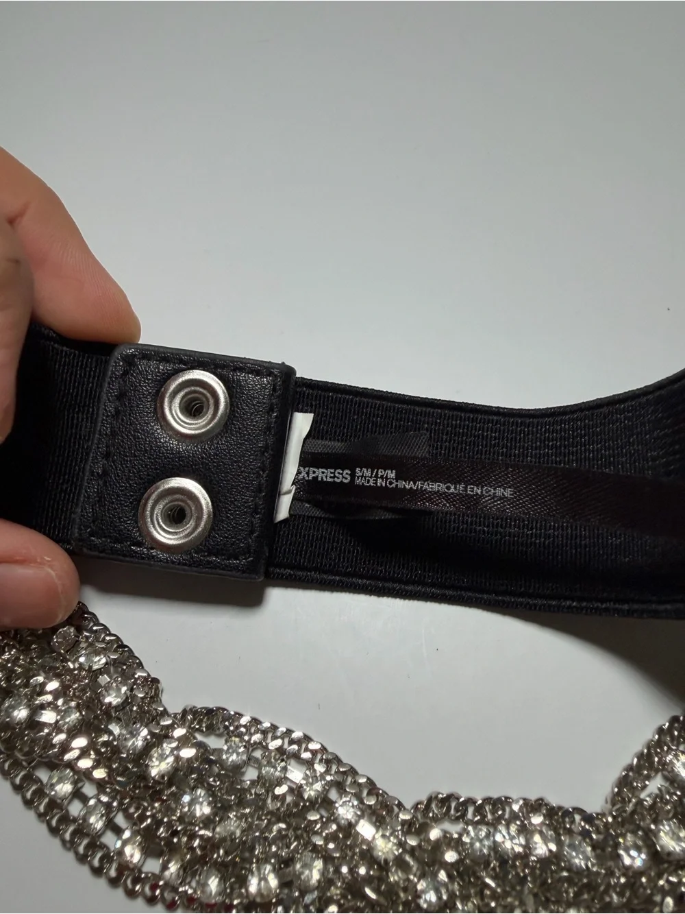Express black elastic waist belt sparkling silver tone rhinestone beaded